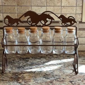 NWOT Running horse shelf with 6 apothecary type bottles.